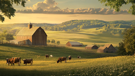 Cows grazing on a meadow in the morning light. Rural landscape.の写真素材