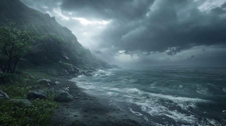 Beautiful landscape of stormy seascape. Panoramic imageの素材