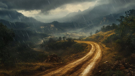 Dirt road in the mountains with fog and stormy sky.の写真素材