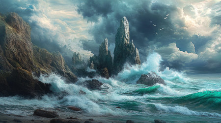 Fantasy seascape with rocks and ocean. 3D illustrationの写真素材