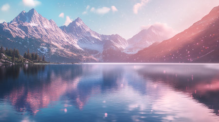 Mountains reflected in the calm water of a lake at sunrise.の写真素材