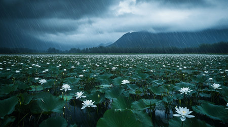 Beautiful white lotus on the lake in rainy day with mountain in backgroundの写真素材