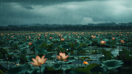 The beauty of the lotus in the pond and the rain.の写真素材