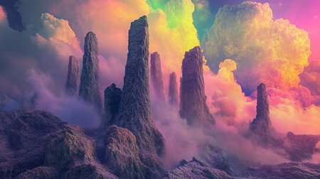 Fantasy alien planet. Mountain in the clouds. 3D illustrationの写真素材
