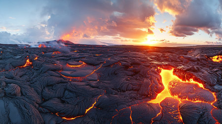 Volcanic eruption in Hawaii Volcanoes National Park at sunsetの写真素材