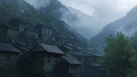 Houses in the mountains in the rainの写真素材
