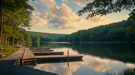 Wooden pier on the lake at sunset. Lake in the forest.の写真素材