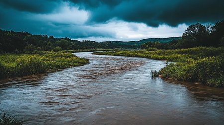 Stormy clouds over the river in the countryside. Long exposure.の写真素材
