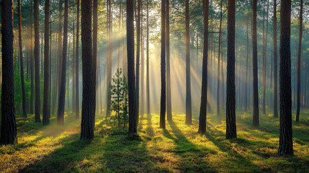 Morning in the pine forest. Sunrise in the forest. Sun rays through the trees.の写真素材