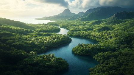 Aerial view of beautiful tropical island with turquoise water and green forestの写真素材