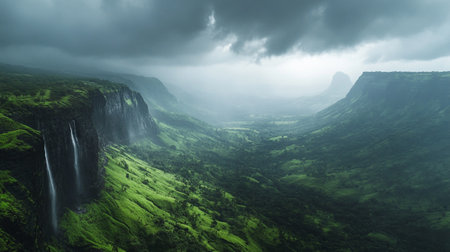 Mountain landscape with waterfall and fog. Panoramic view.の写真素材
