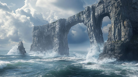 Beautiful seascape with cliffs and ocean waves. 3d renderingの写真素材