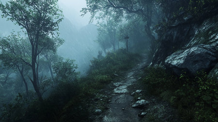 Mountain trail in the mist with a cross in the middle.の写真素材