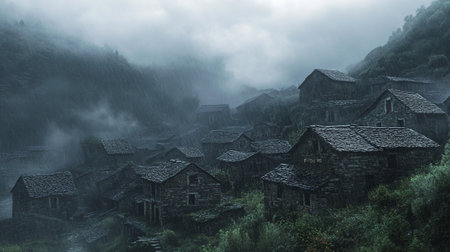 Old village in the mountains in a foggy misty morning.の素材