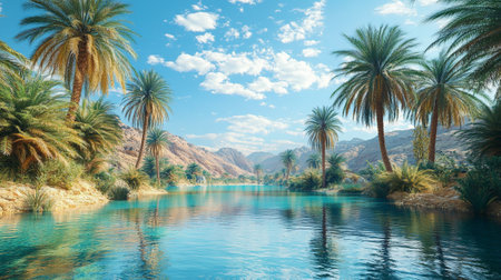 Oasis in the desert with palm trees and blue sky. 3d renderingの写真素材