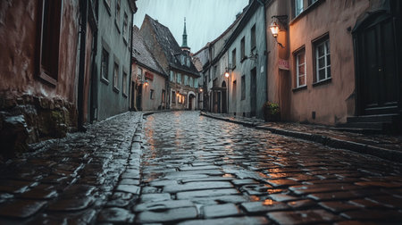 Wet cobbled street in the old town of Wroclaw, Poland.の素材