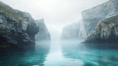 Foggy seascape with cliffs and sea. 3d renderingの写真素材