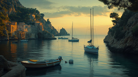 Boats on the sea at sunset. Calabria, Italy.の写真素材