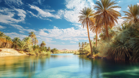 Landscape of the Nile river in Egypt with palm trees and blue skyの写真素材