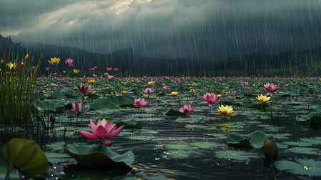Water lilies in the lake with rain and stormy sky.の写真素材
