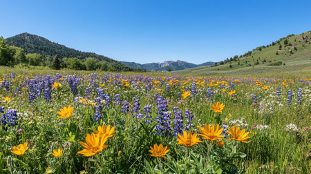 Wildflowers blooming in a meadow with mountains in the backgroundの写真素材