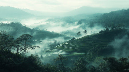Terraced rice fields in Bali, Indonesia. Rice terraces in the mist.の写真素材