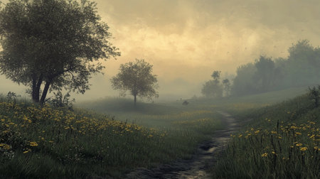Morning fog on the meadow with yellow wildflowers and treesの写真素材