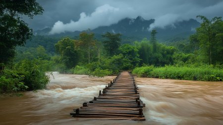 Wooden bridge over the river in the jungle with mountain background.の写真素材