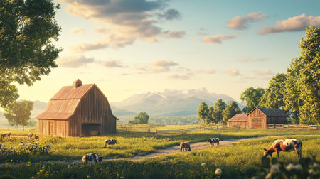 Herd of cows graze in the meadow in front of an old wooden barnの写真素材