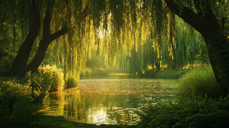 Willow trees in the park at sunset, natural landscape background.の写真素材