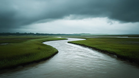 Landscape of rice field in the rainy season with cloudy sky.の写真素材