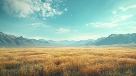 3D fantasy illustration of a grassland with mountains in the backgroundの写真素材