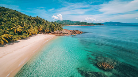 Aerial view of beautiful tropical beach and sea with coconut palm tree for travel and vacationの写真素材