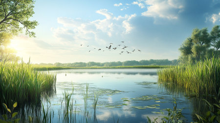 Beautiful summer landscape with lake and forest at sunset, 3d renderの写真素材