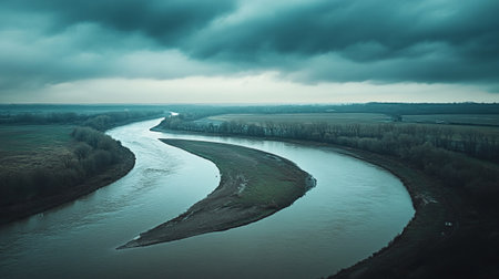 Aerial panoramic view of the river and cloudy sky.の写真素材