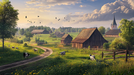 Rural landscape with cows in the meadow and old wooden housesの写真素材