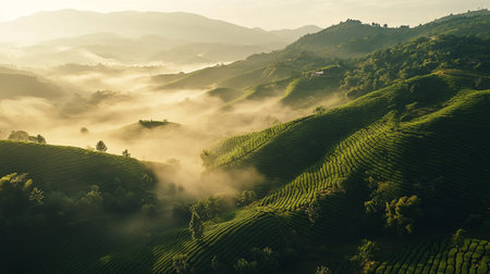Tea Plantations in the Mist at Sunrise, Chiang Rai, Thailandの写真素材
