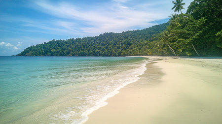 Tropical beach with white sand, turquoise water and blue skyの写真素材