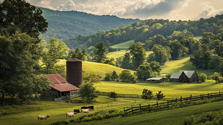 Rural landscape with barns and cows on green meadow.の写真素材
