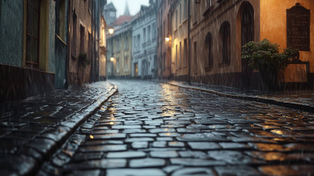 Wet cobblestone street in Prague at night, Czech Republicの写真素材