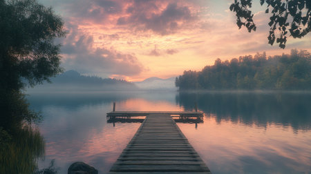Wooden pier on a misty lake at sunrise in autumn.の写真素材