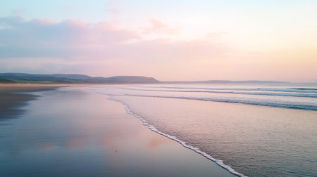 Aerial view of the beach at sunset, South Wales, UKの写真素材