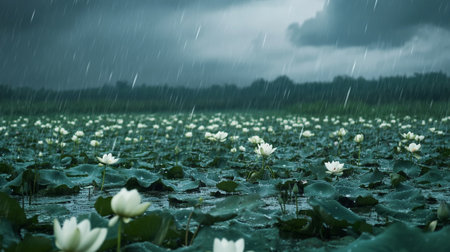 rainy day and lotus flower in the lake, nature seriesの写真素材
