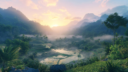 Rice terraces at sunrise in the morningの写真素材