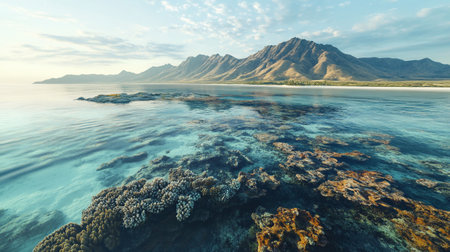 Beautiful seascape with mountains and sea. 3d renderの写真素材