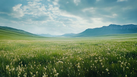 Meadow in the steppe. Beautiful spring landscape. Panoramaの写真素材