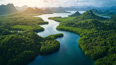 Aerial view of mangrove forest with lake in sunset timeの写真素材