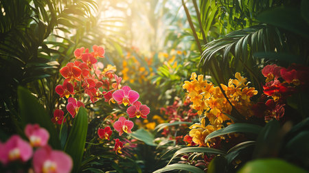 Colorful orchids blooming in the garden at sunset.の写真素材