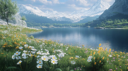 Mountain landscape with meadow, flowers and snow-capped peaksの写真素材
