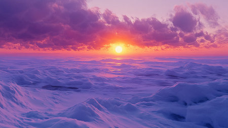 beautiful winter landscape with snow-covered field and sunset. 3d renderの写真素材